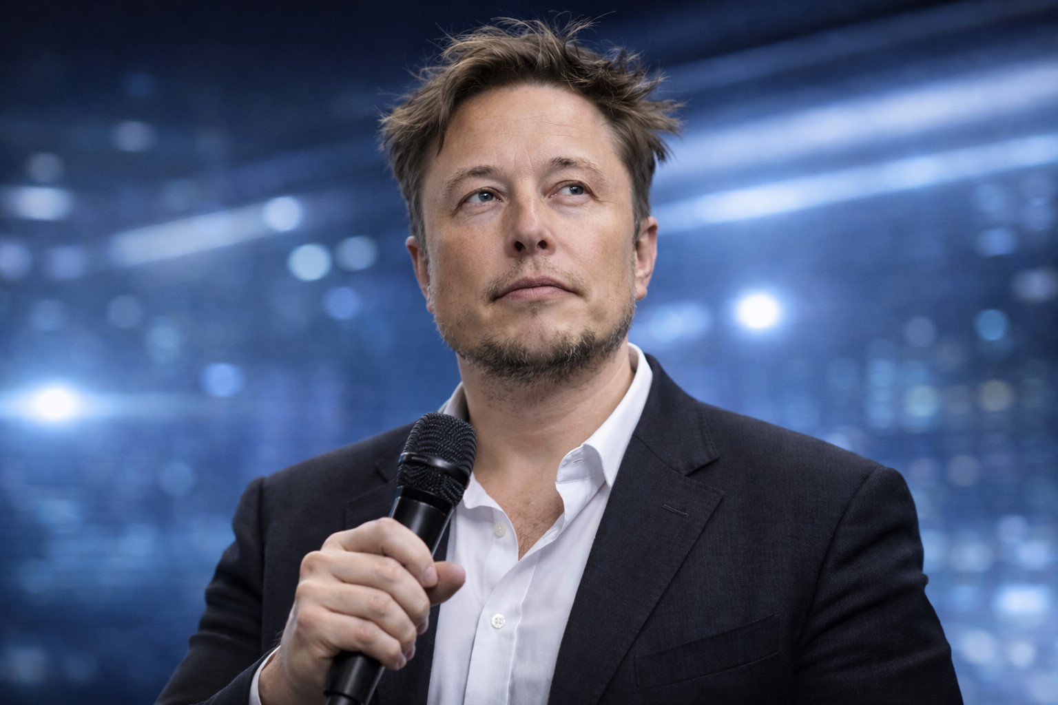 Retrato ilustrativo de Elon Musk segurando um microfone, em cenário tecnológico, usado para contextualizar notícia sobre oferta de apoio jurídico a vítimas do caso Epstein.
