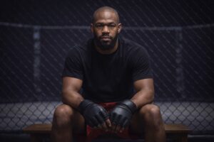 Ilustração mostra Jon Jones sentado em banco diante de um octógono, usando luvas de treino e roupa esportiva, em ambiente de baixa iluminação.