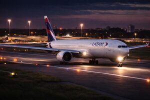 Imagem ilustrativa gerada por inteligência artificial mostra avião da LATAM em pista, à noite, no Aeroporto de Guarulhos, usada para contextualizar notícia sobre procedimento de segurança.