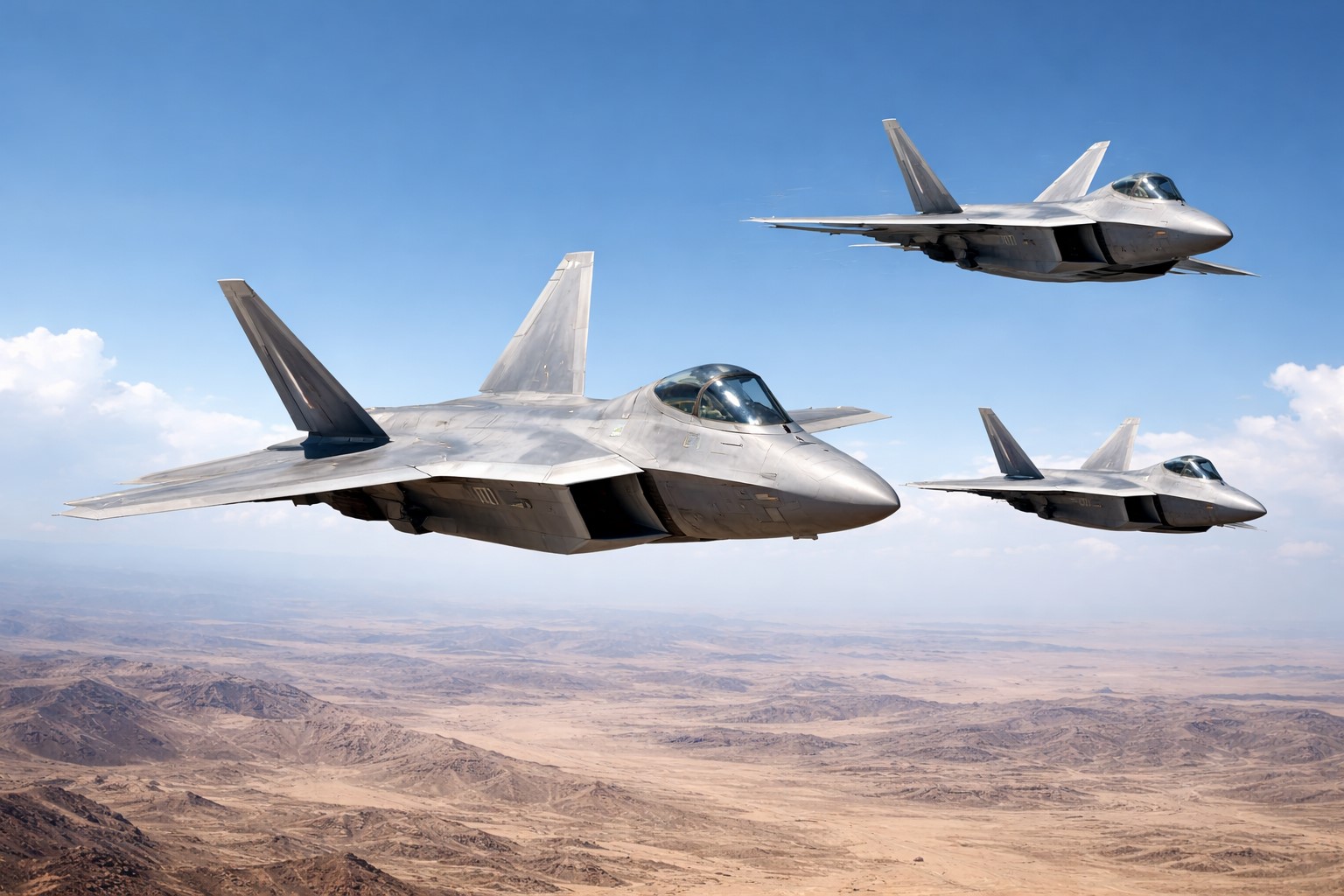 Três caças F-22 Raptor sobrevoando céu azul em cenário que remete ao Oriente Médio, imagem ilustrativa gerada por inteligência artificial.