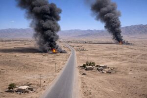 Imagem aérea gerada por IA mostra região de fronteira entre Paquistão e Afeganistão com focos de fumaça em área semiárida.