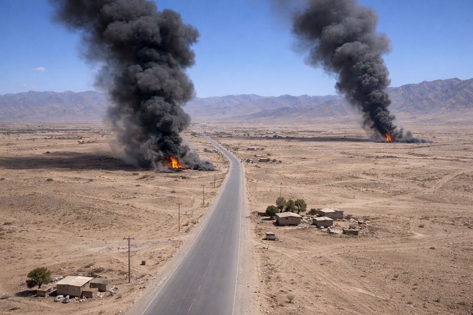 Imagem aérea gerada por IA mostra região de fronteira entre Paquistão e Afeganistão com focos de fumaça em área semiárida.