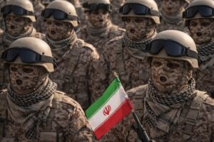 Grupo de soldados com uniformes camuflados em tons bege e marrom, usando capacetes e óculos de proteção, um deles segurando pequena bandeira do Irã. Imagem ilustrativa gerada por inteligência artificial para contextualização jornalística sobre tensão geopolítica.