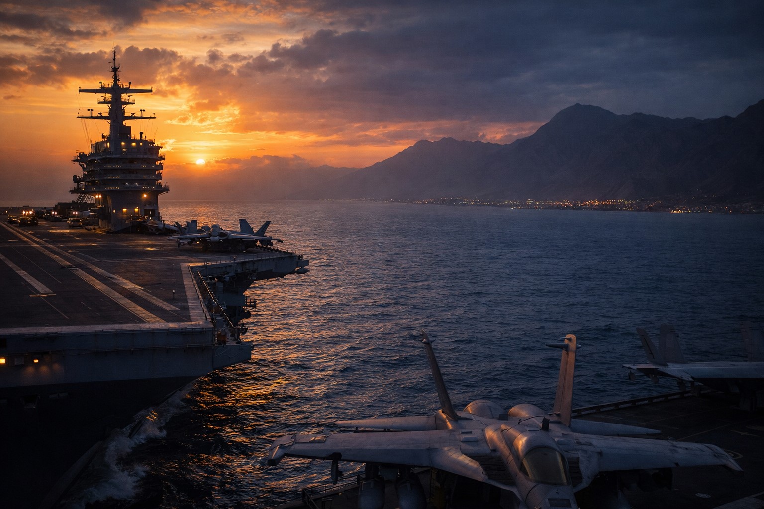 Imagem ilustrativa gerada por IA mostra porta-aviões dos Estados Unidos no Oriente Médio ao entardecer, com costa montanhosa ao fundo, simbolizando tensão geopolítica com o Irã