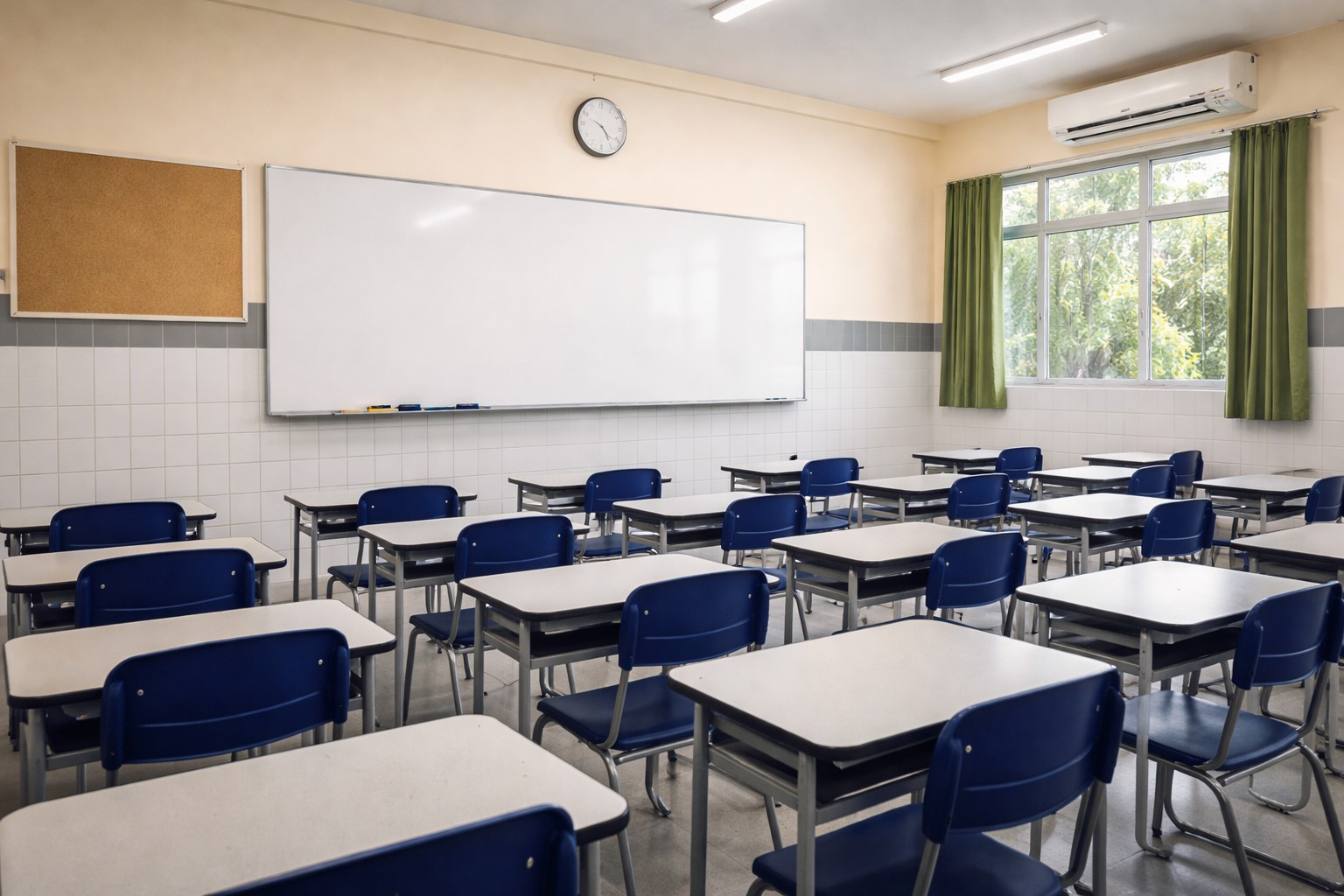 Sala de aula vazia de escola pública brasileira, com carteiras azuis e lousa branca ao fundo, imagem gerada por IA para contextualização jornalística.