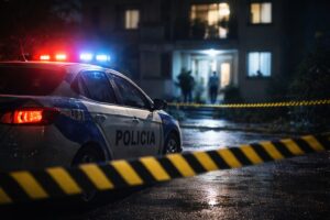 Ilustração fotográfica ultra-realista gerada por IA de viatura policial em ambiente de ocorrência noturna, utilizada para contextualizar notícia policial.