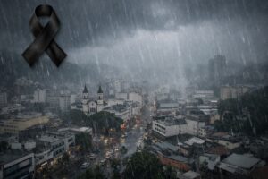 Vista semiaérea do centro de Juiz de Fora sob forte chuva, com céu escuro e lenço de luto no canto superior esquerdo; imagem ilustrativa gerada por IA.