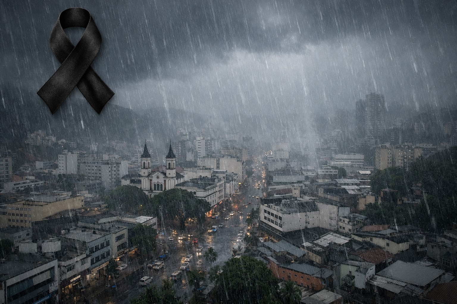Vista semiaérea do centro de Juiz de Fora sob forte chuva, com céu escuro e lenço de luto no canto superior esquerdo; imagem ilustrativa gerada por IA.