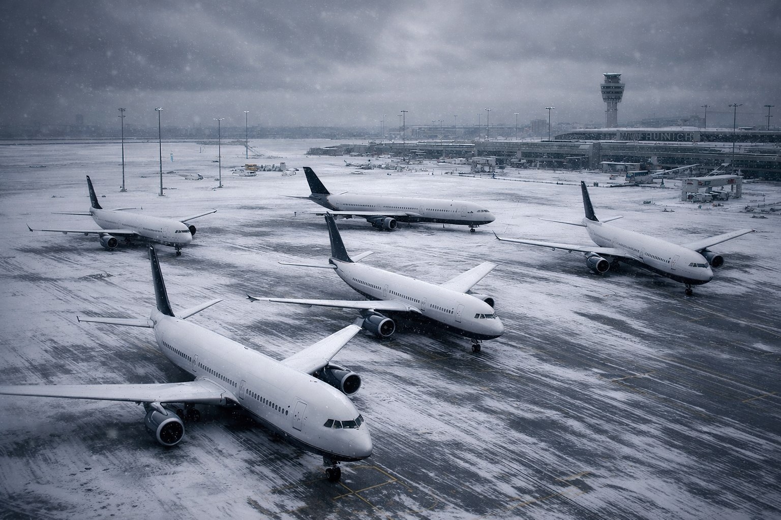 Vista semiaérea de aeroporto sob neve com seis aviões de passageiros parados no pátio; imagem ilustrativa gerada por IA para contextualização.