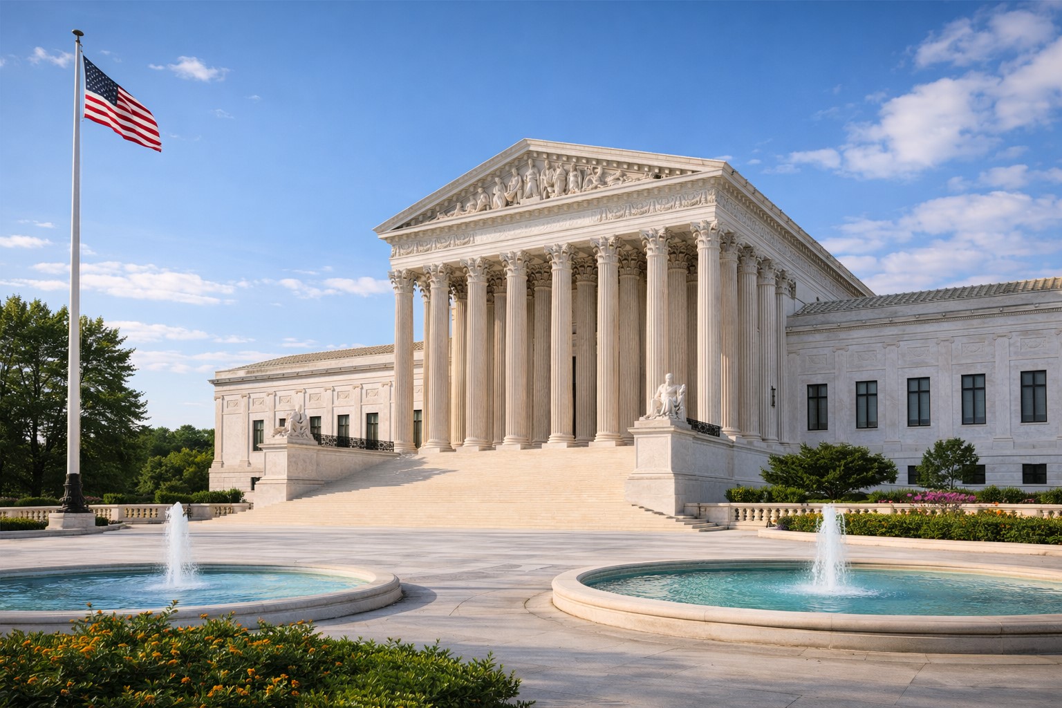 Imagem gerada por inteligência artificial do edifício da Suprema Corte dos Estados Unidos, em Washington, com fachada em mármore branco e fontes no primeiro plano.