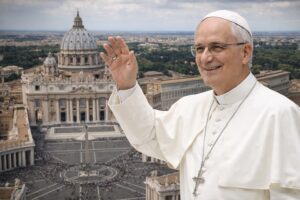 Imagem ilustrativa gerada por inteligência artificial retrata o papa Leão XIV com o Vaticano ao fundo, para contextualização jornalística.