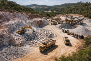 Imagem ilustrativa mostra atividade de mineração em rocha dura com extração de minério em área aberta, vista semiaérea.