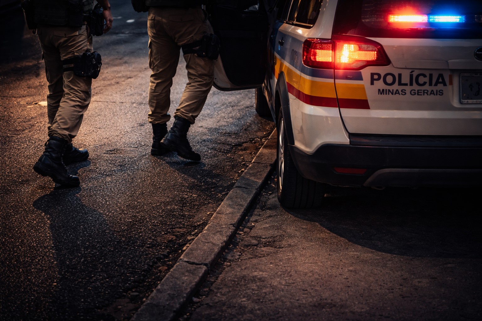 Viatura da Polícia Militar de Minas Gerais estacionada em rua urbana durante a noite, com policiais descendo do veículo para iniciar investigação; imagem gerada por inteligência artificial para contextualização jornalística.