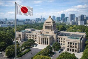 Imagem ilustrativa gerada por inteligência artificial mostra vista semiaérea do edifício da Dieta Nacional do Japão, em Tóquio, com bandeira japonesa hasteada em primeiro plano.