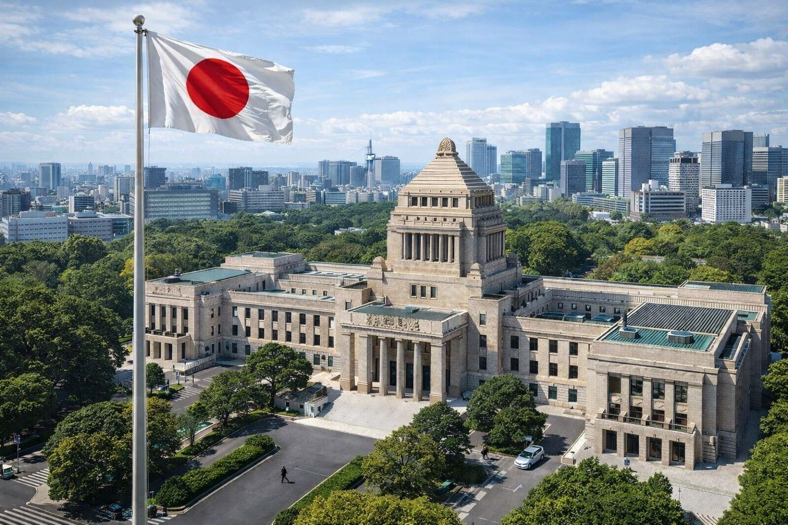 Imagem ilustrativa gerada por inteligência artificial mostra vista semiaérea do edifício da Dieta Nacional do Japão, em Tóquio, com bandeira japonesa hasteada em primeiro plano.