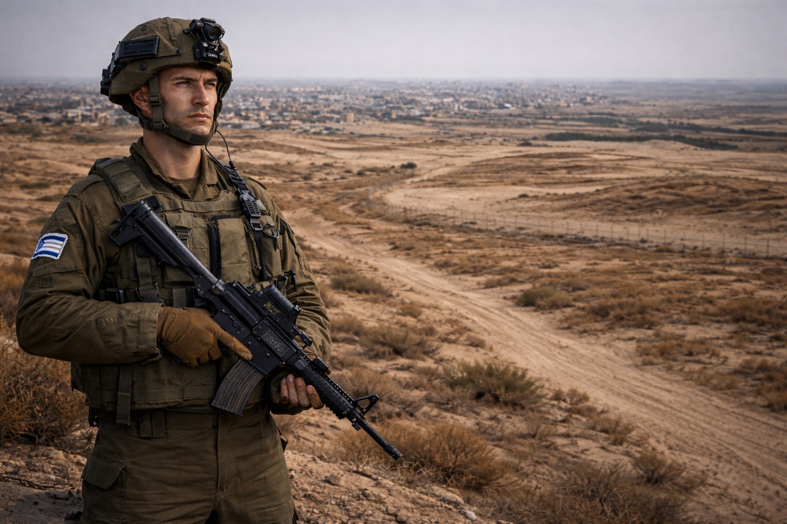 Soldado das Forças de Defesa de Israel em posição elevada nas imediações de Rafah, em imagem ilustrativa de contexto geopolítico e militar.