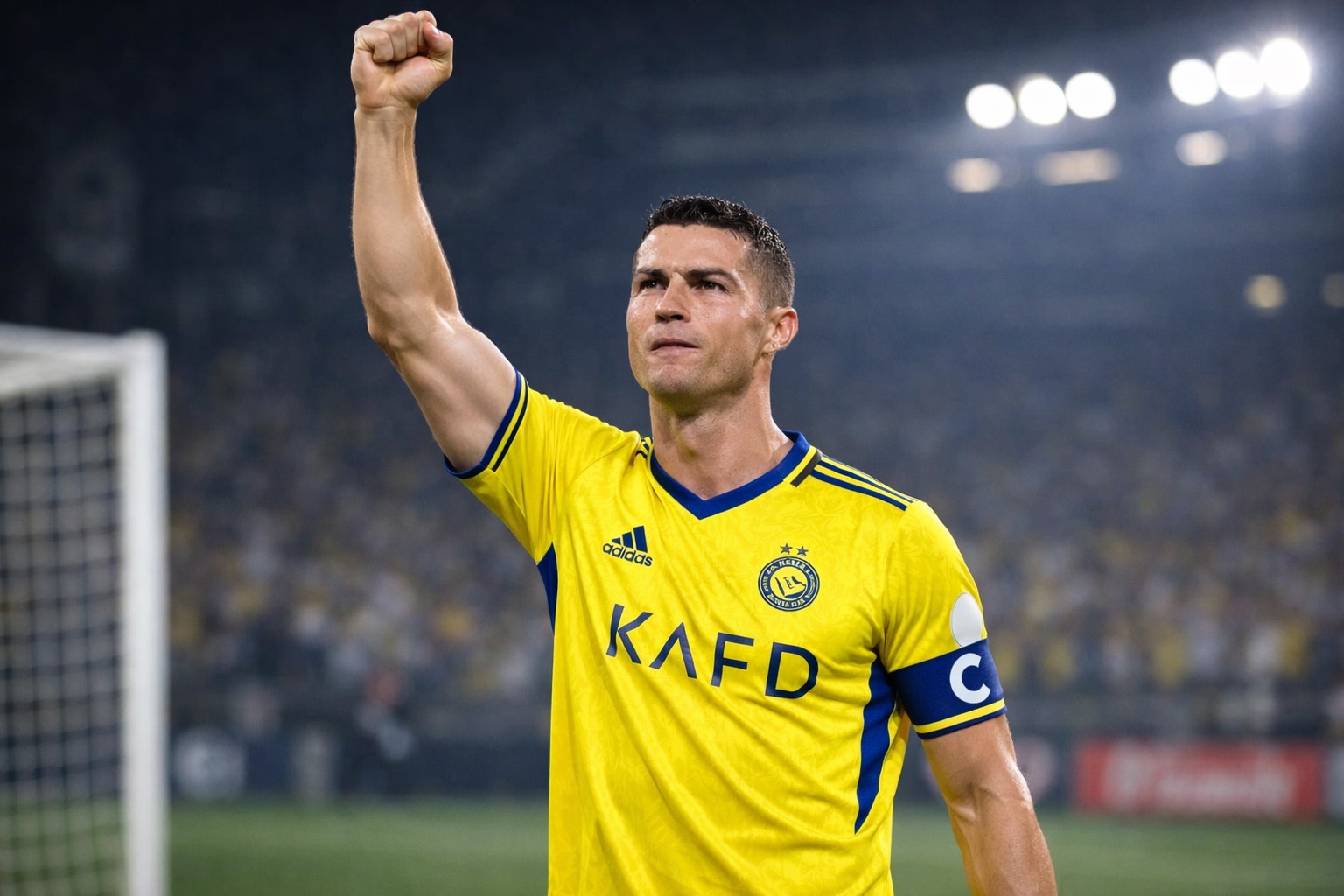 Cristiano Ronaldo comemora gol com o braço erguido vestindo uniforme do Al-Nassr em imagem ilustrativa gerada por inteligência artificial.