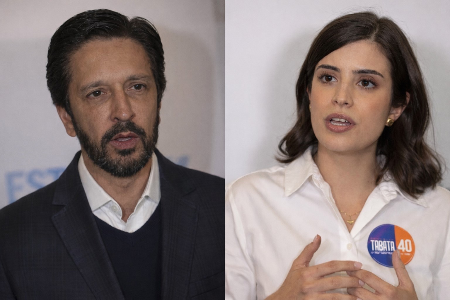 Imagem ilustrativa gerada por inteligência artificial mostrando Ricardo Nunes à esquerda e Tábata Amaral à direita, em composição fotográfica dividida ao meio.