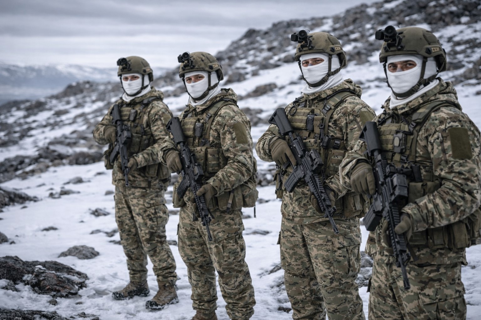 Imagem gerada por IA mostra militares em ambiente ártico como representação simbólica de possível ação militar da OTAN.