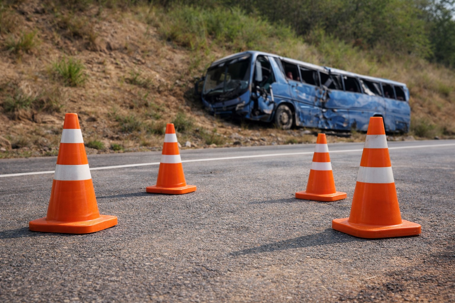 Imagem ilustrativa gerada por inteligência artificial mostra cones de sinalização em rodovia e ônibus azul acidentado ao fundo, sem correspondência com registros reais.