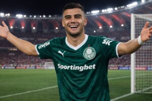 Andreas Pereira comemora gol pelo Palmeiras no Beira-Rio durante partida noturna do Brasileirão, em imagem ilustrativa gerada por inteligência artificial.