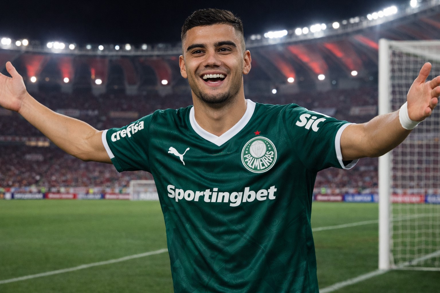 Andreas Pereira comemora gol pelo Palmeiras no Beira-Rio durante partida noturna do Brasileirão, em imagem ilustrativa gerada por inteligência artificial.