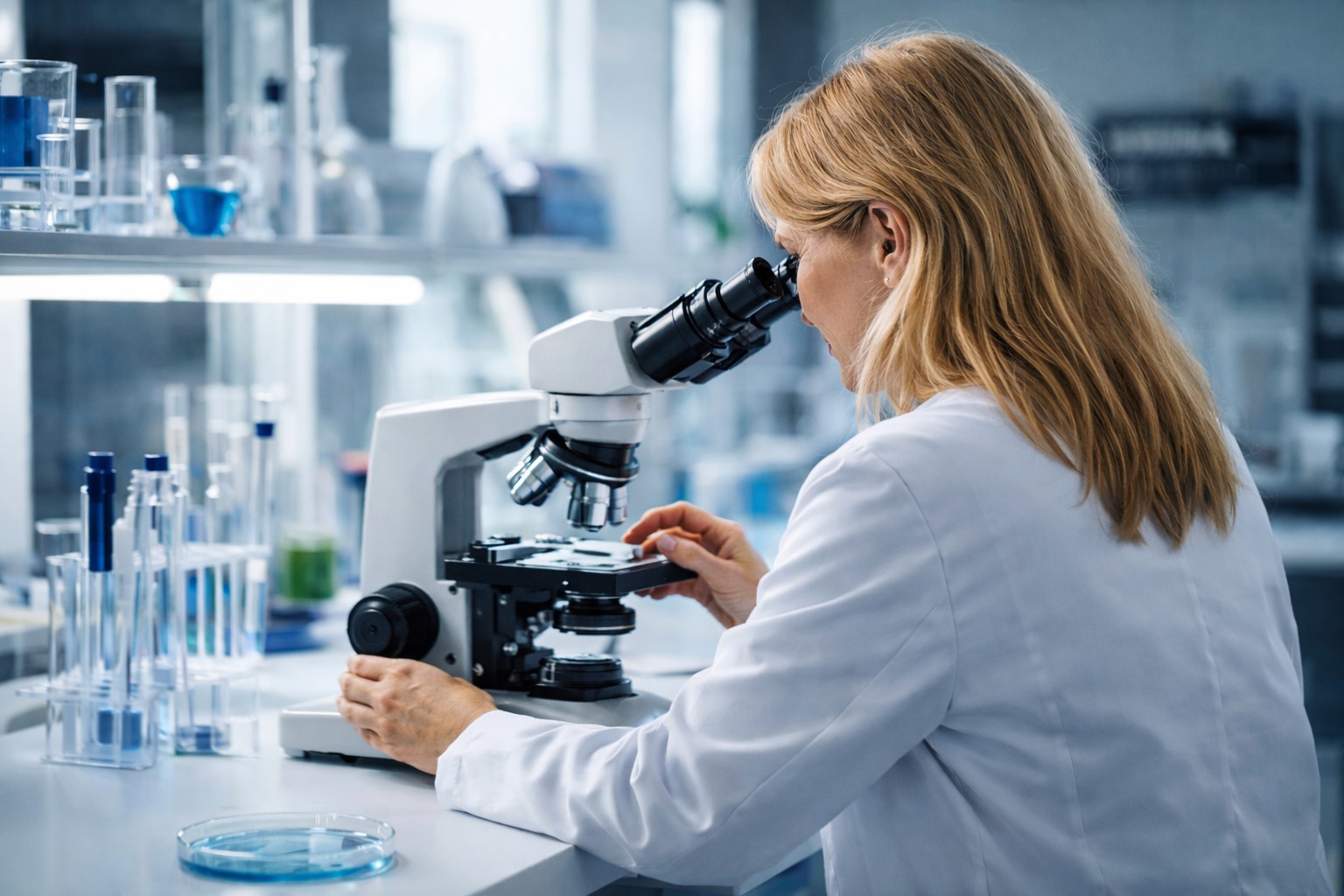 Pesquisadora em laboratório manuseando microscópio, em ambiente científico com tubos de ensaio ao fundo; imagem ilustrativa gerada por inteligência artificial para contextualização de notícia científica.