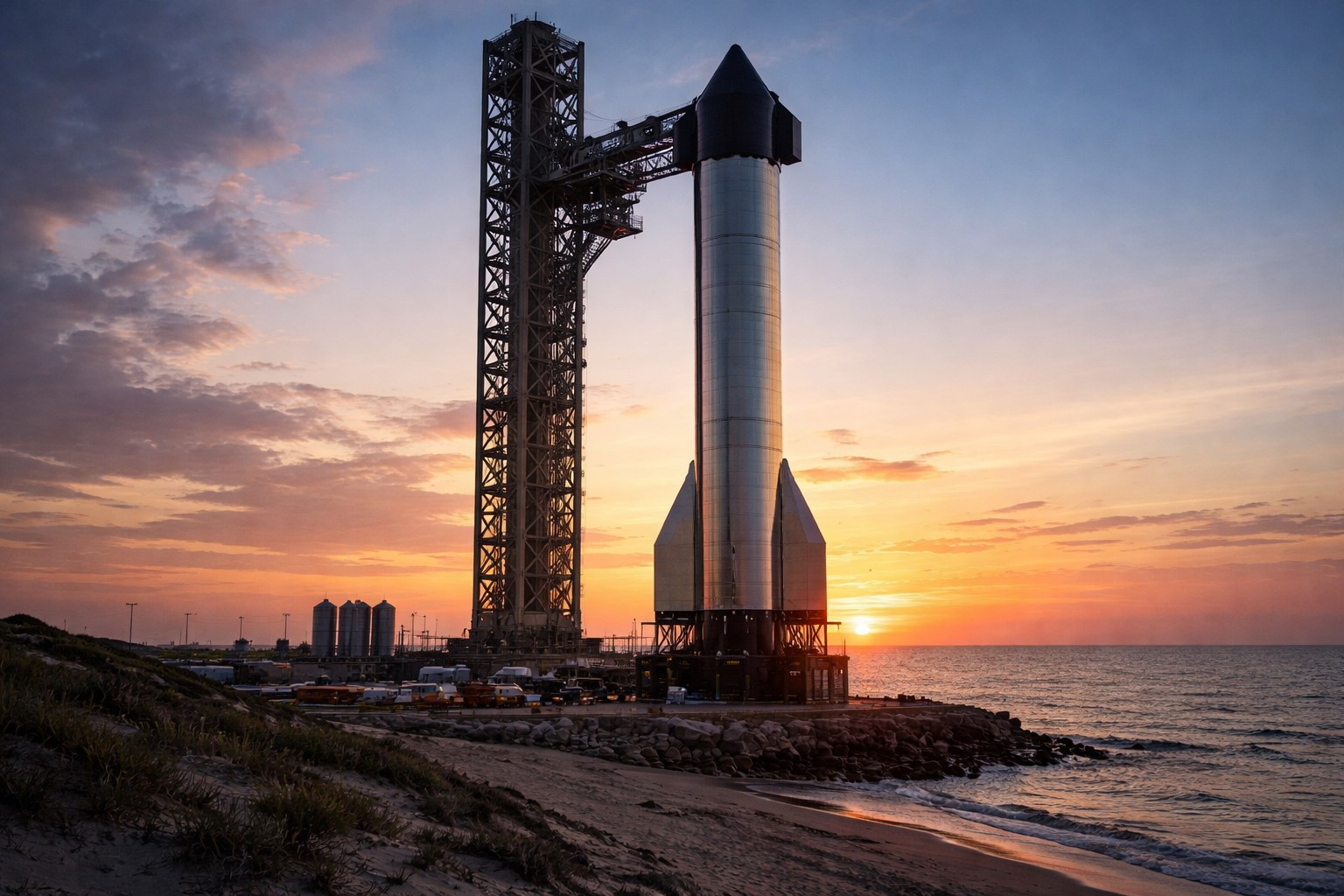 Imagem ilustrativa gerada por inteligência artificial mostra foguete espacial ao lado de estrutura metálica de lançamento em ambiente costeiro durante o pôr do sol.