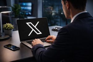 Imagem ilustrativa gerada por inteligência artificial mostra homem de terno usando laptop em escritório moderno, com logomarca do X na tela, sem correspondência com registro real.