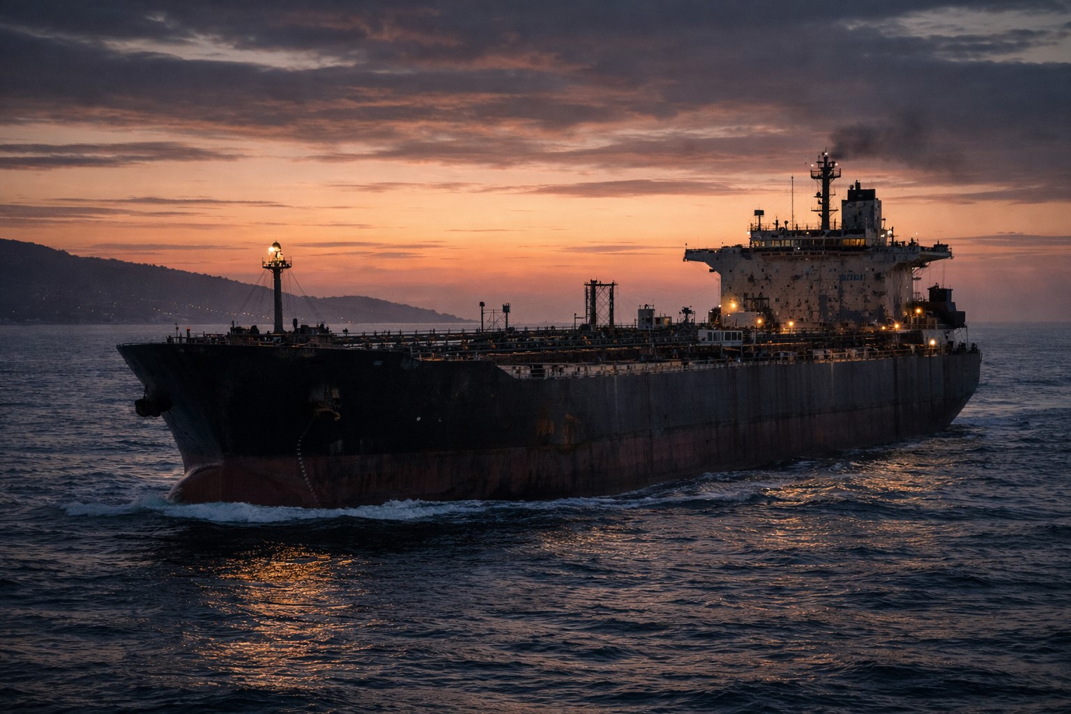 Navio petroleiro em navegação ao entardecer, com sinais visíveis de desgaste estrutural, representando embarcação alvo de sanções internacionais, em imagem gerada por inteligência artificial para contextualização jornalística.