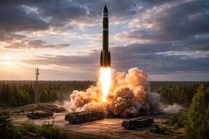 Imagem ilustrativa mostra lançamento de míssil balístico a partir de base militar terrestre em área isolada.