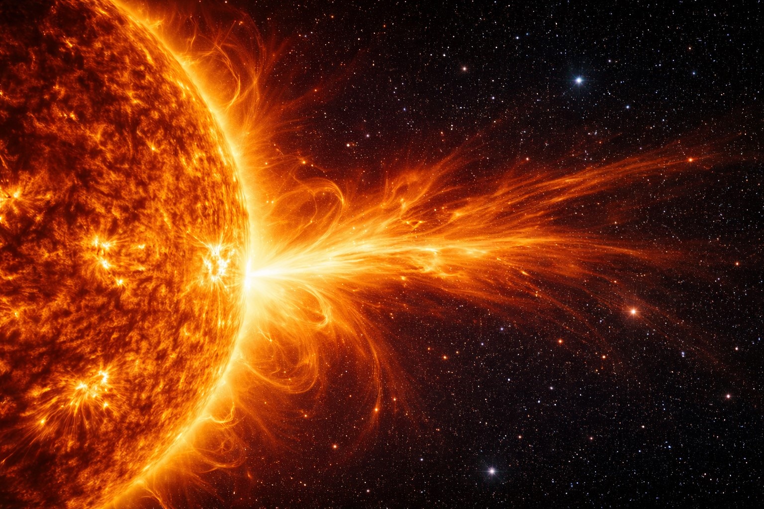 Ilustração gerada por IA mostra ejeção de massa solar a partir da superfície do Sol em direção ao espaço.