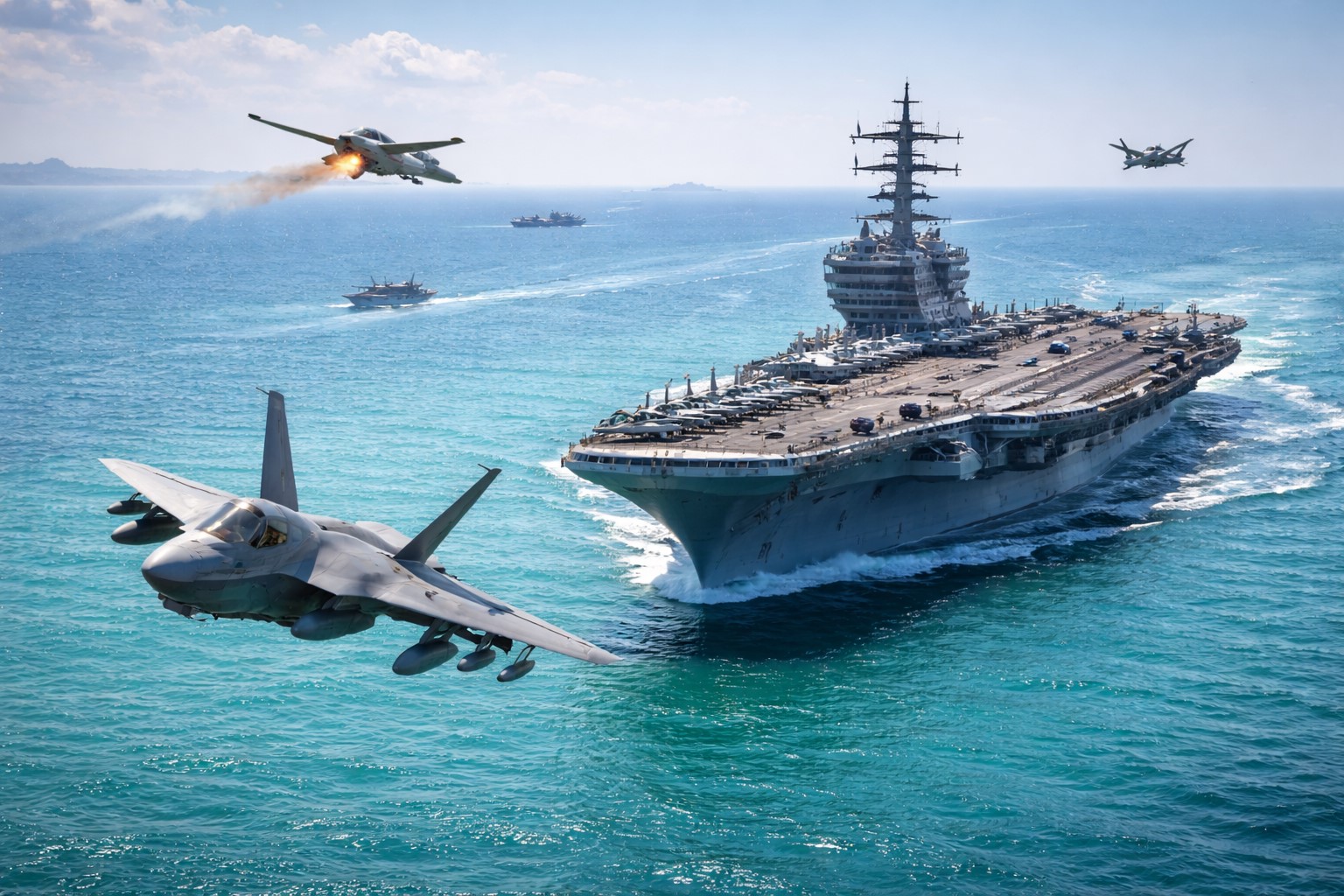 Porta-aviões dos Estados Unidos navega em mar azul-turquesa com caças em voo ao redor, em imagem ilustrativa gerada por inteligência artificial.