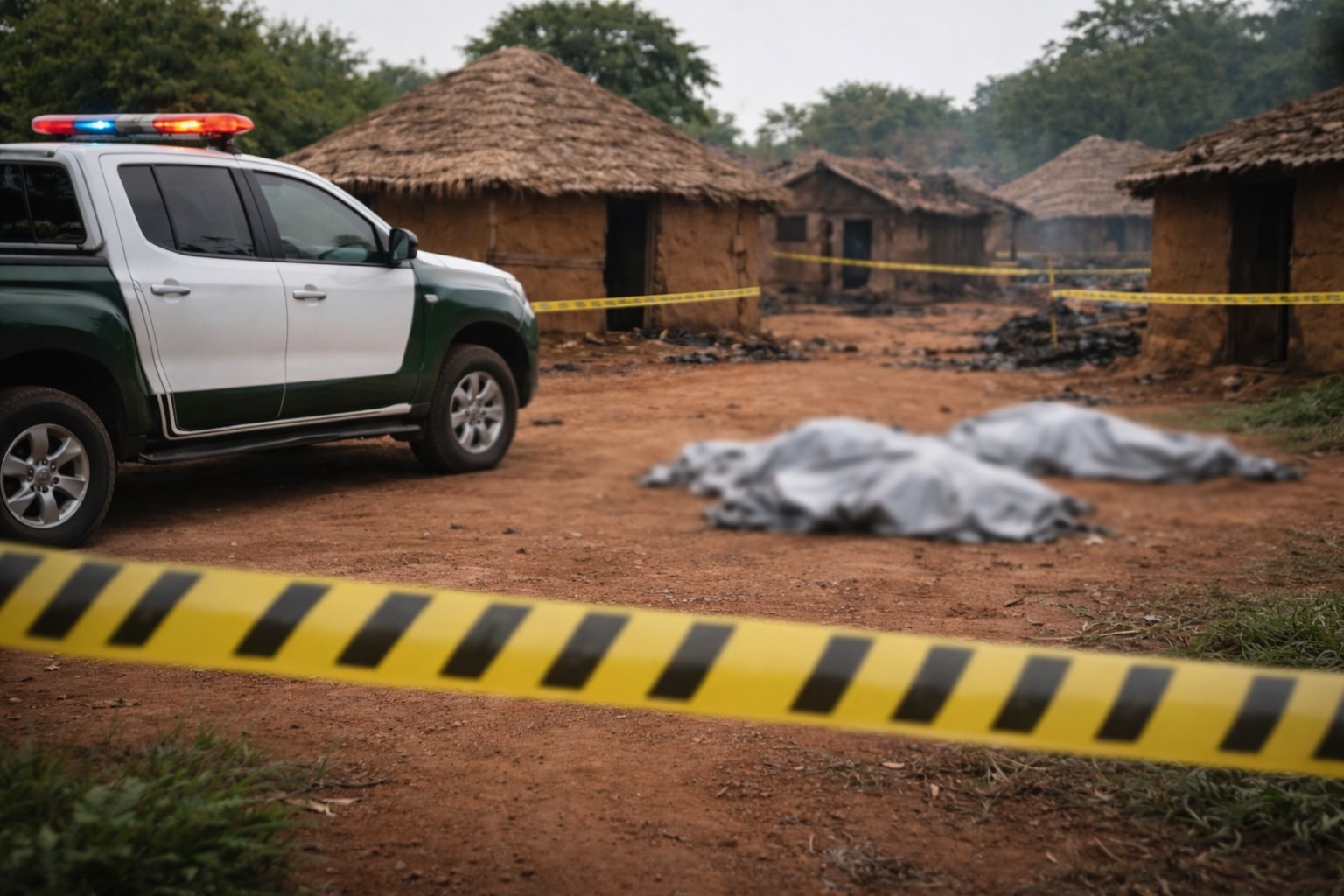Imagem conceitual mostra aldeia rural na Nigéria isolada por faixa de perícia, com viatura policial e coberturas térmicas desfocadas no solo.