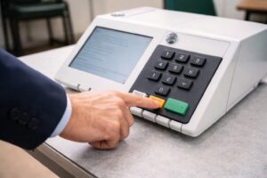 Imagem ilustrativa mostra mão operando urna eletrônica brasileira em ambiente de votação, com foco no teclado e na tela do equipamento