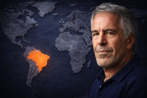 Imagem ilustrativa mostra busto de Jeffrey Epstein sobreposto a mapa-múndi em 3D com destaque para o Brasil.