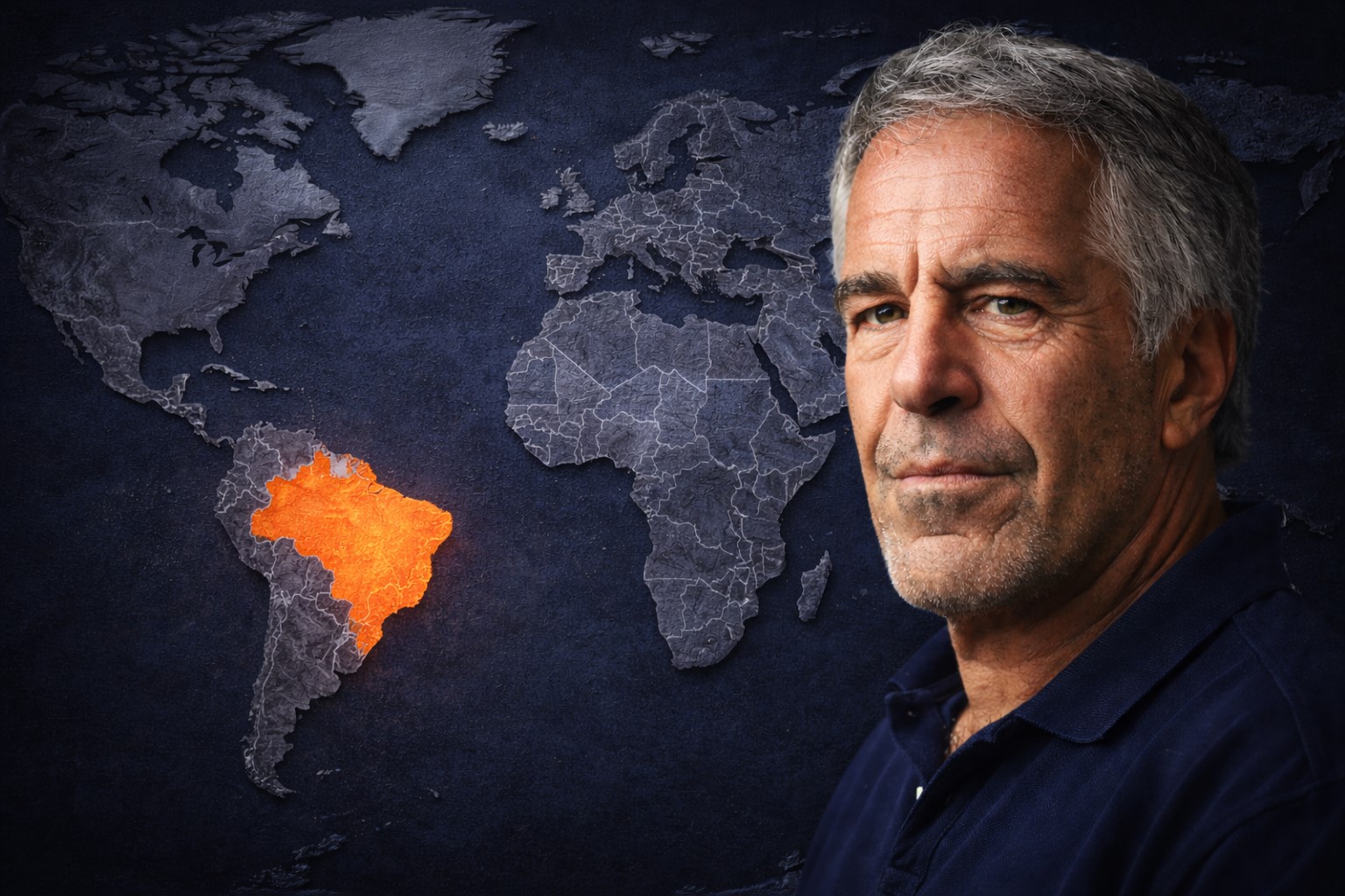 Imagem ilustrativa mostra busto de Jeffrey Epstein sobreposto a mapa-múndi em 3D com destaque para o Brasil.