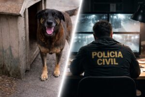 Imagem mostra, à esquerda, o cão comunitário Orelha em registro real otimizado por IA e, à direita, uma cena ilustrativa de perícia da Polícia Civil gerada por inteligência artificial.