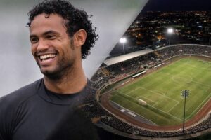 Imagem composta mostra o goleiro Bruno à esquerda em foto de reprodução via redes sociais e, à direita, vista noturna ilustrativa da Arena da Floresta, em Rio Branco.