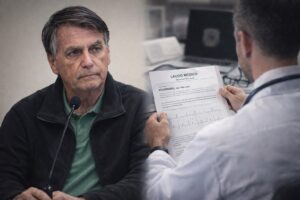 Montagem ilustrativa mostra Jair Bolsonaro em audiência e, ao lado, um perito analisando laudo médico em ambiente institucional, em composição dividida por blend.