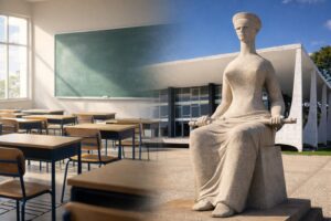 Montagem ilustrativa gerada por IA mostra sala de aula vazia ao lado do prédio do STF, simbolizando julgamento da lei Escola Sem Partido.