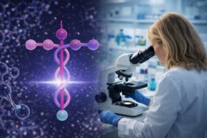 Composição ilustrativa mostra estrutura ampliada da polilaminina à esquerda e cientista em laboratório utilizando microscópio à direita; imagem gerada por IA.