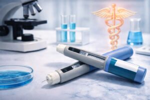 Canetas injetáveis para controle de peso e diabetes em ambiente de laboratório biomédico.