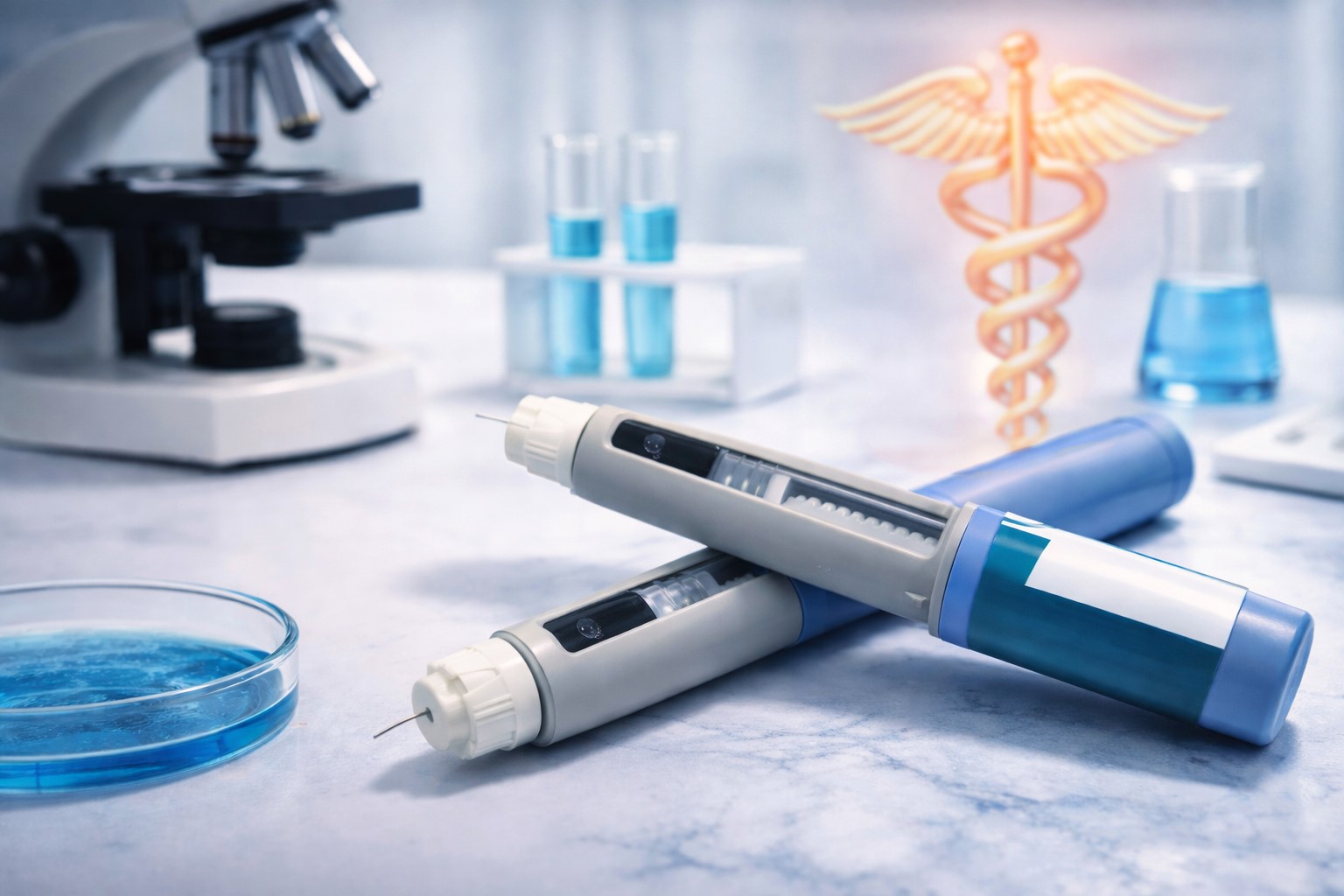 Canetas injetáveis para controle de peso e diabetes em ambiente de laboratório biomédico.