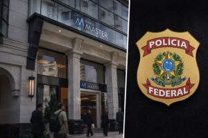 Fachada do Banco Master em São Paulo ao lado do emblema da Polícia Federal, em composição visual ilustrativa sobre investigação financeira.
