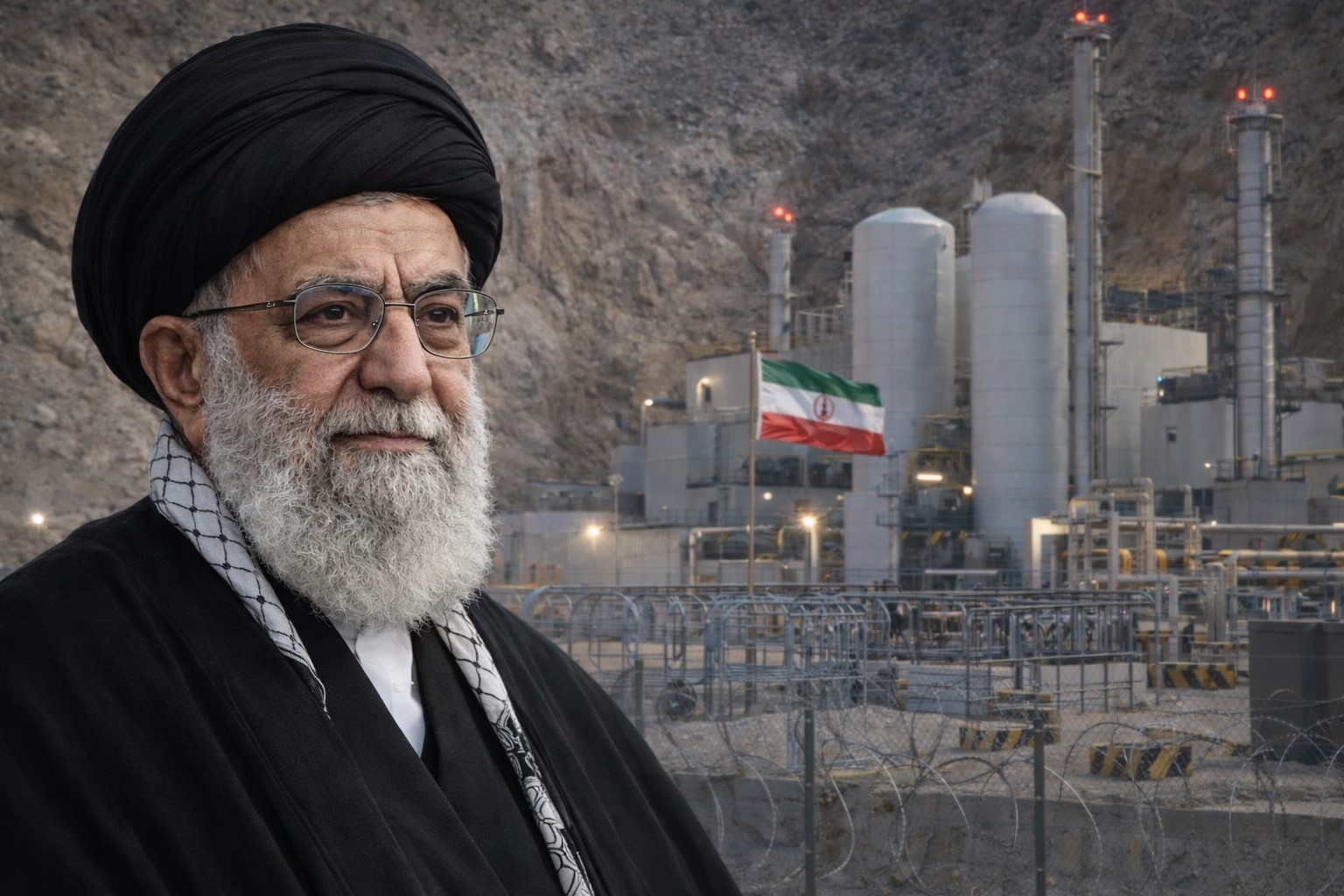 Imagem ilustrativa do líder iraniano Ali Khamenei diante de instalação nuclear iraniana, contextualizando notícia sobre negociações com os Estados Unidos.