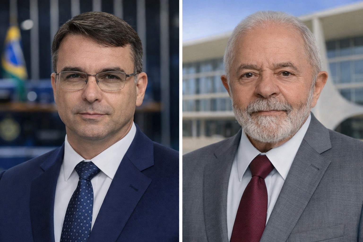 Imagem ilustrativa gerada por inteligência artificial mostra Flávio Bolsonaro e o presidente Lula em composição política para pesquisa eleitoral de 2026.