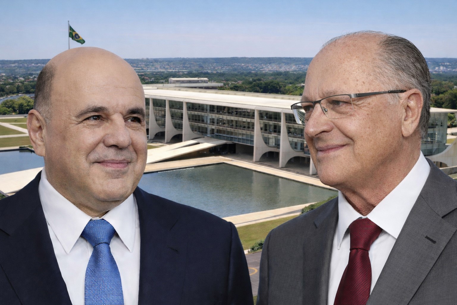 Montagem ilustrativa mostra Geraldo Alckmin e Mikhail Mishustin diante do Palácio do Planalto, em Brasília.
