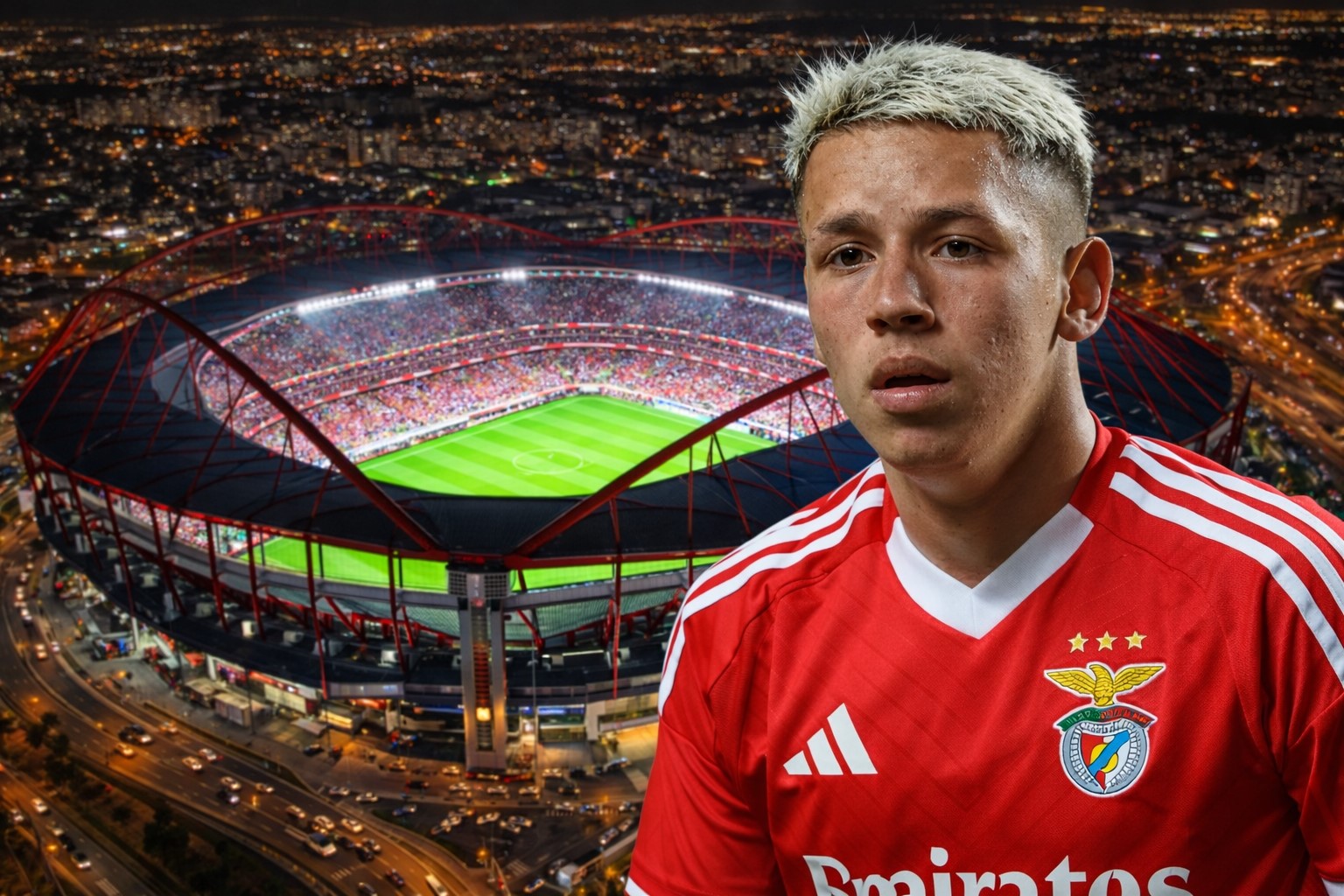 Montagem ilustrativa de Gianluca Prestiani, jogador argentino do Benfica, sobreposta a vista semiaérea do Estádio da Luz, em Lisboa.