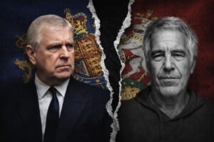 Composição ilustrativa mostra o ex-príncipe Andrew e Jeffrey Epstein diante de símbolo associado à monarquia britânica rasgado ao meio, em imagem gerada por inteligência artificial.